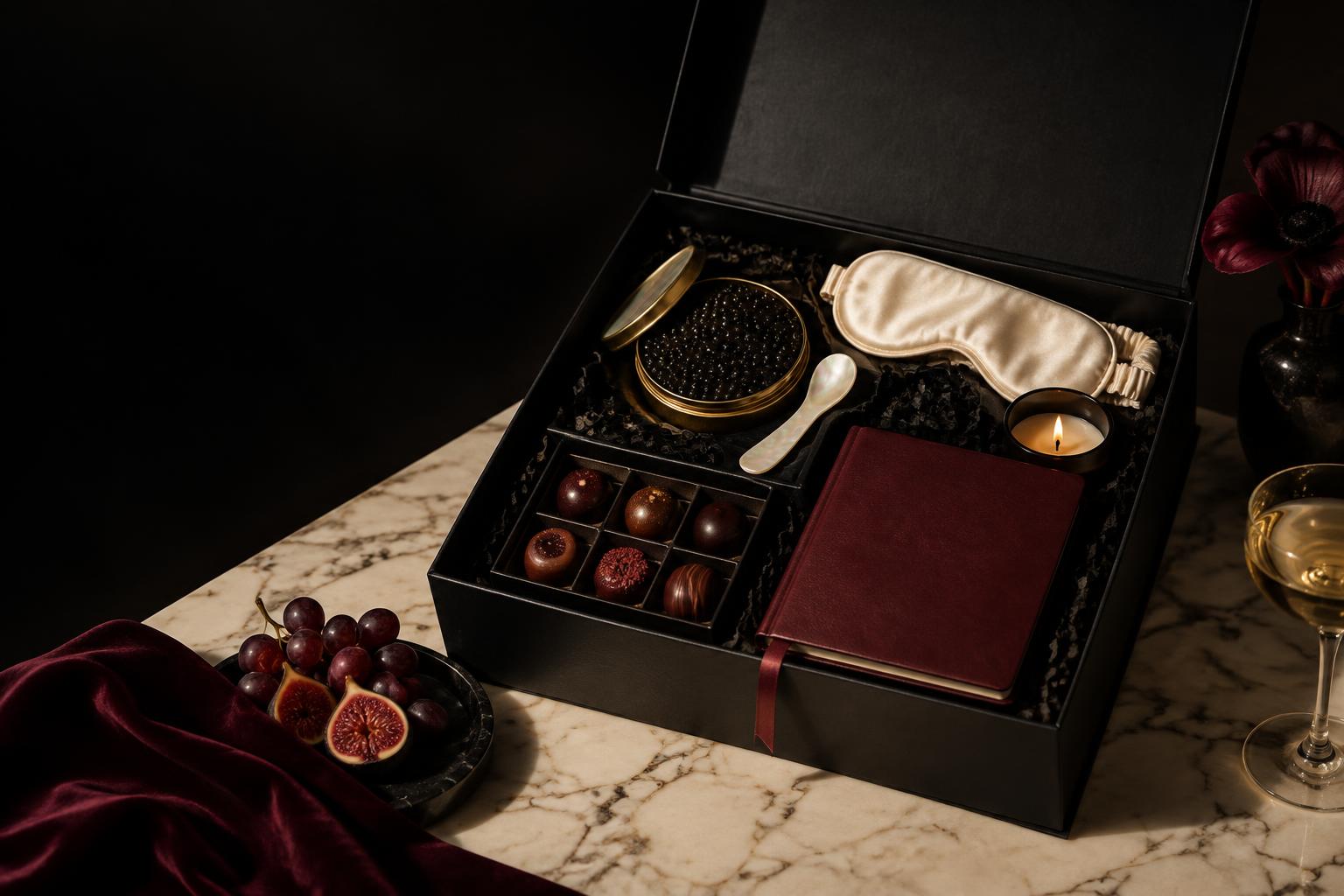 An open Caviar and a Cry luxury gift box
